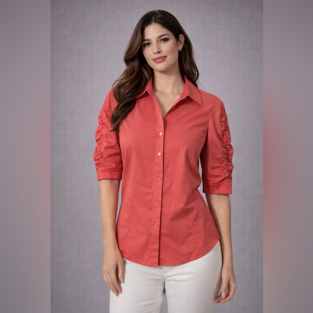 Lafayette 148 NY Shirt Coral 6 Small Short Ruched Sleeve Stretch Cotton - Picture 2 of 10